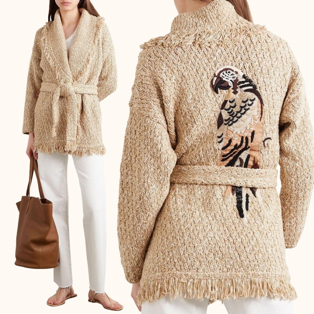 Embroidered Parrot Fringe Belted Cardigan Sweater - Beige